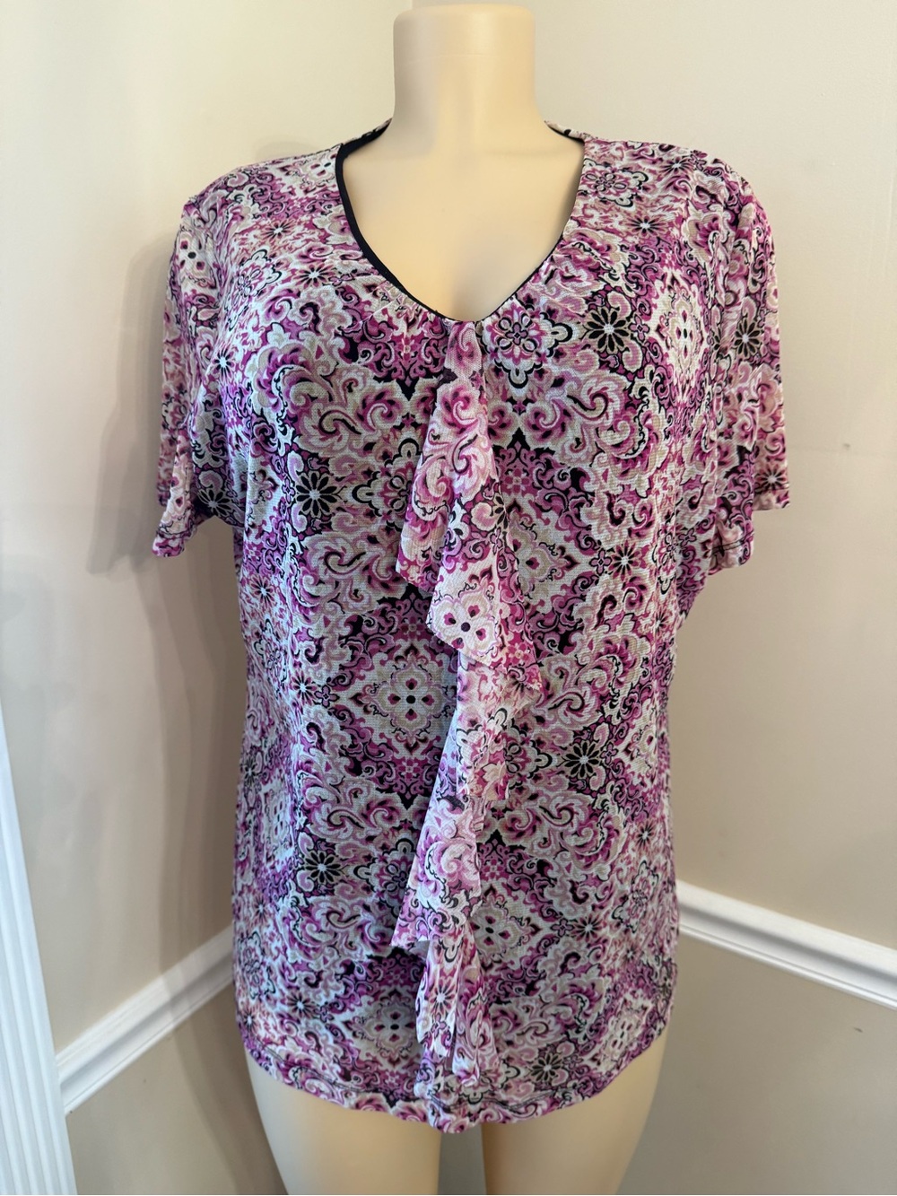 croft & barrow Pink and Black Patterned Ruffle V-Neck Blouse